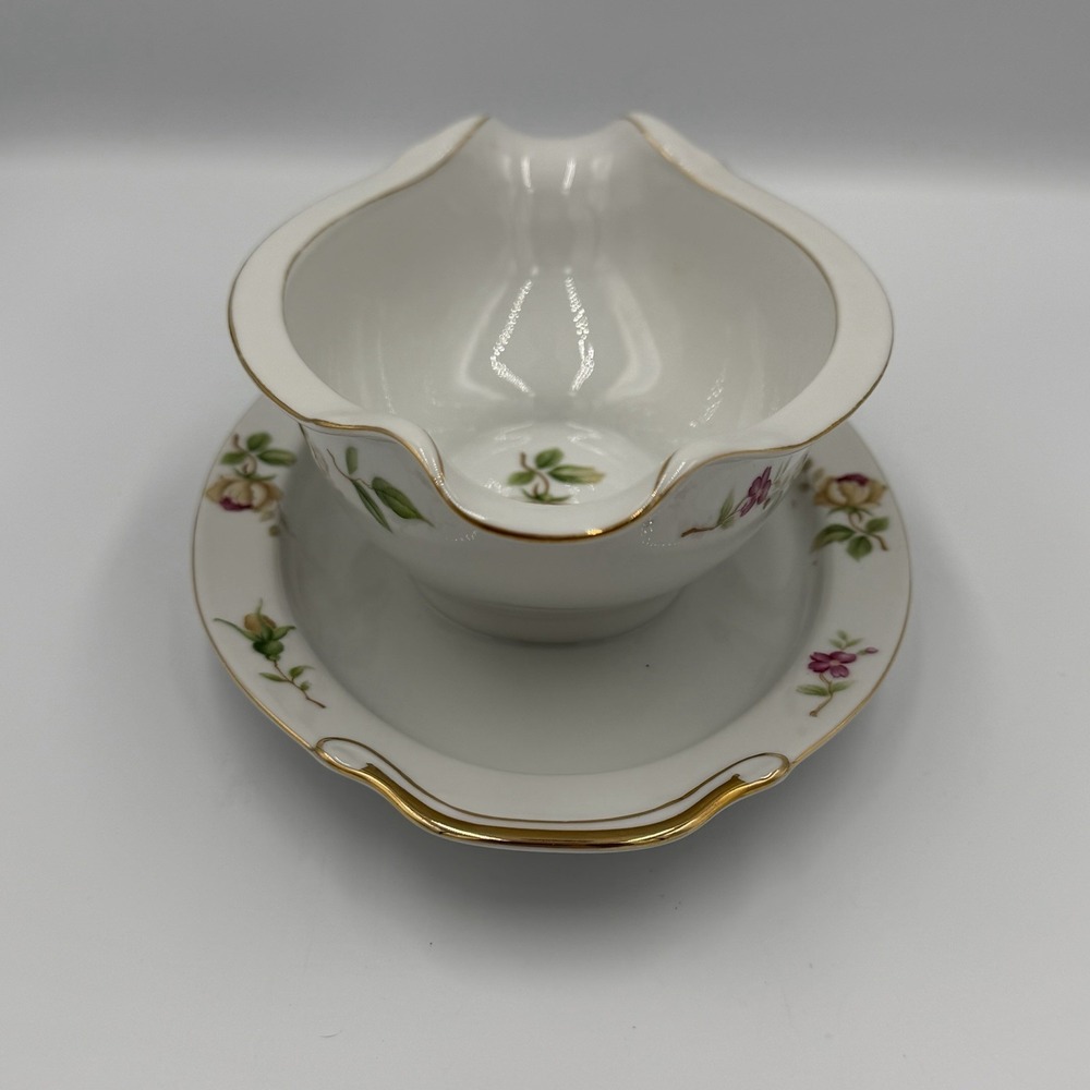 Vintage Lynmore Golden Rose Fine China Gravy Boat With Attached Plate - Picture 2 of 8